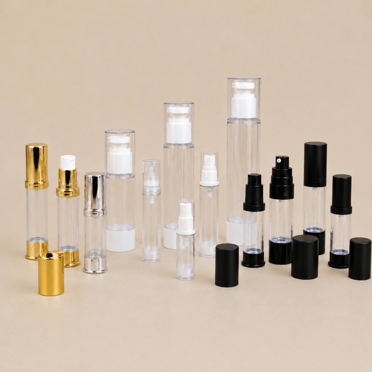 Airless Pump / Spray Bottles for Serum / Lotion / Cream / Oils (Reusable) - Clear, White Black, Gold, Silver