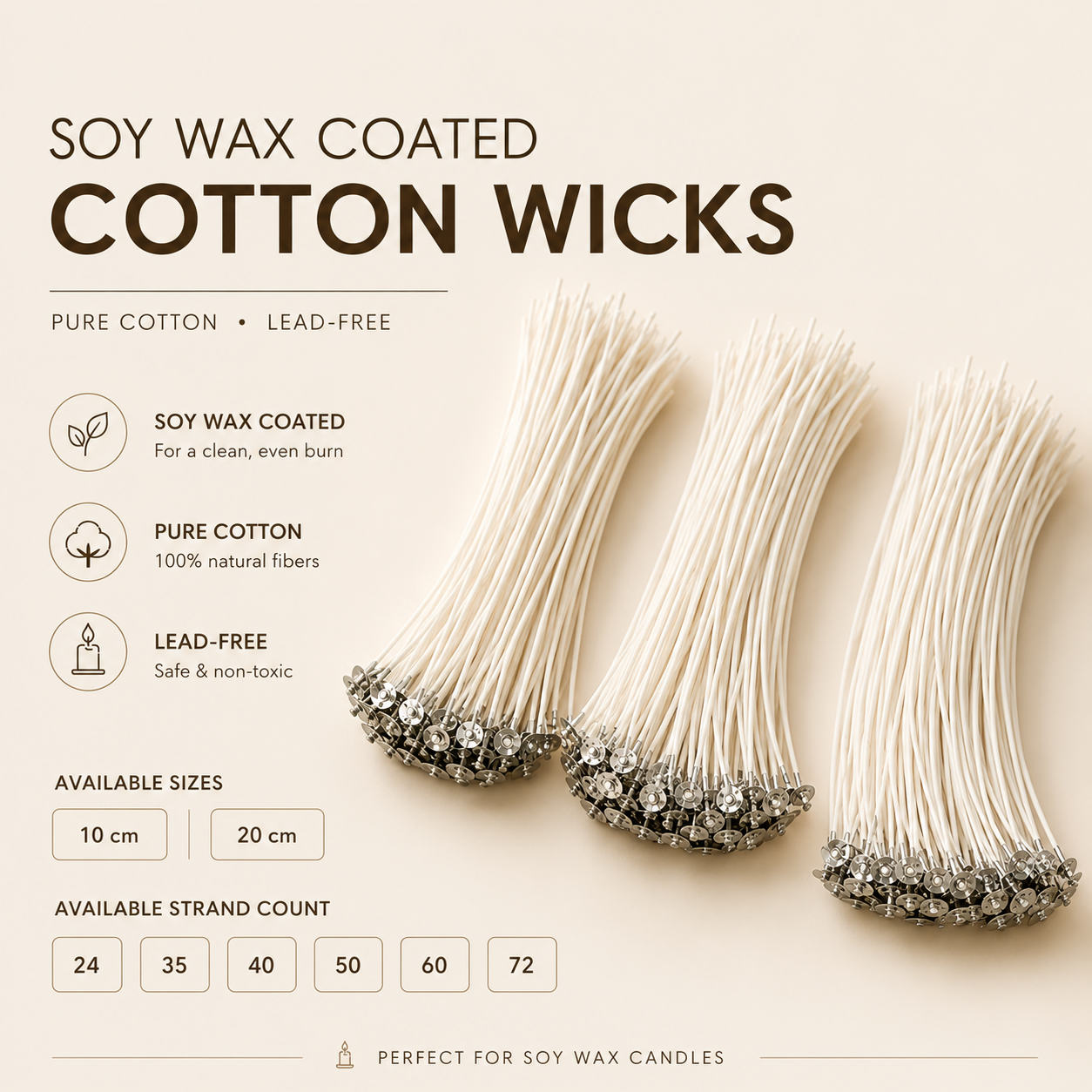 20pc/100pc 24 35 40 50 60 72-strand Soy Cotton Wick for candles for Soy Wax Candle Making