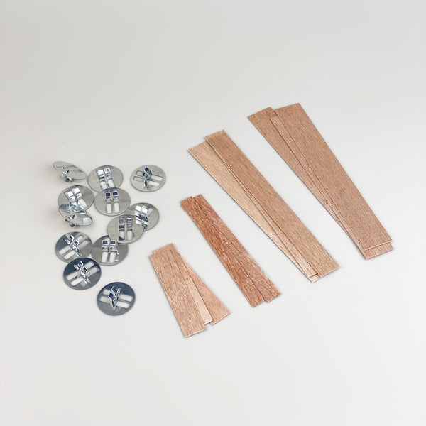 10pc 0.5mm | 1mm Candle Wooden Wicks w/ Sustainers | Round / Flat Wick Sustainers Clips